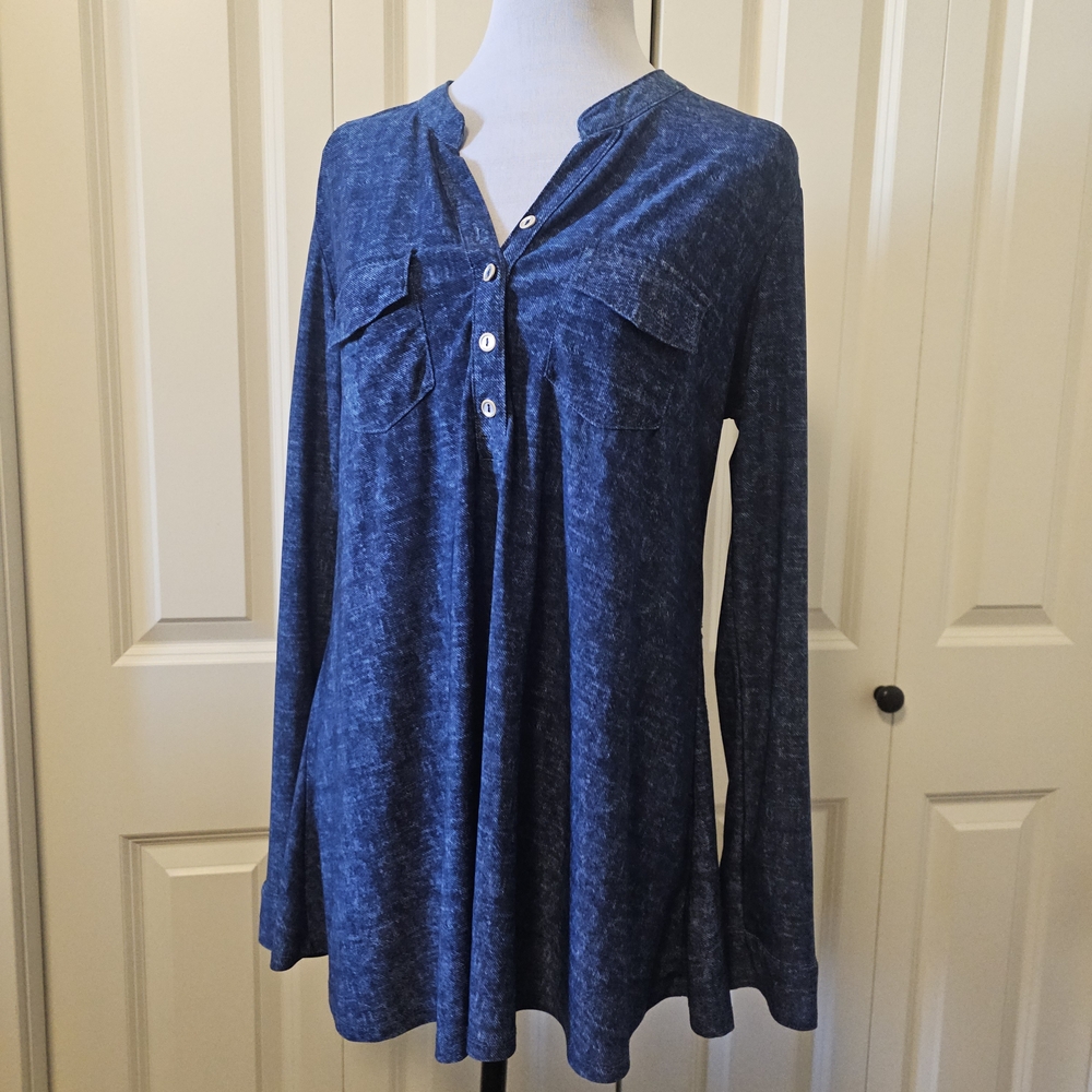 My Style Denim Look Super Soft Fabric Blue Long Sleeve Sz L